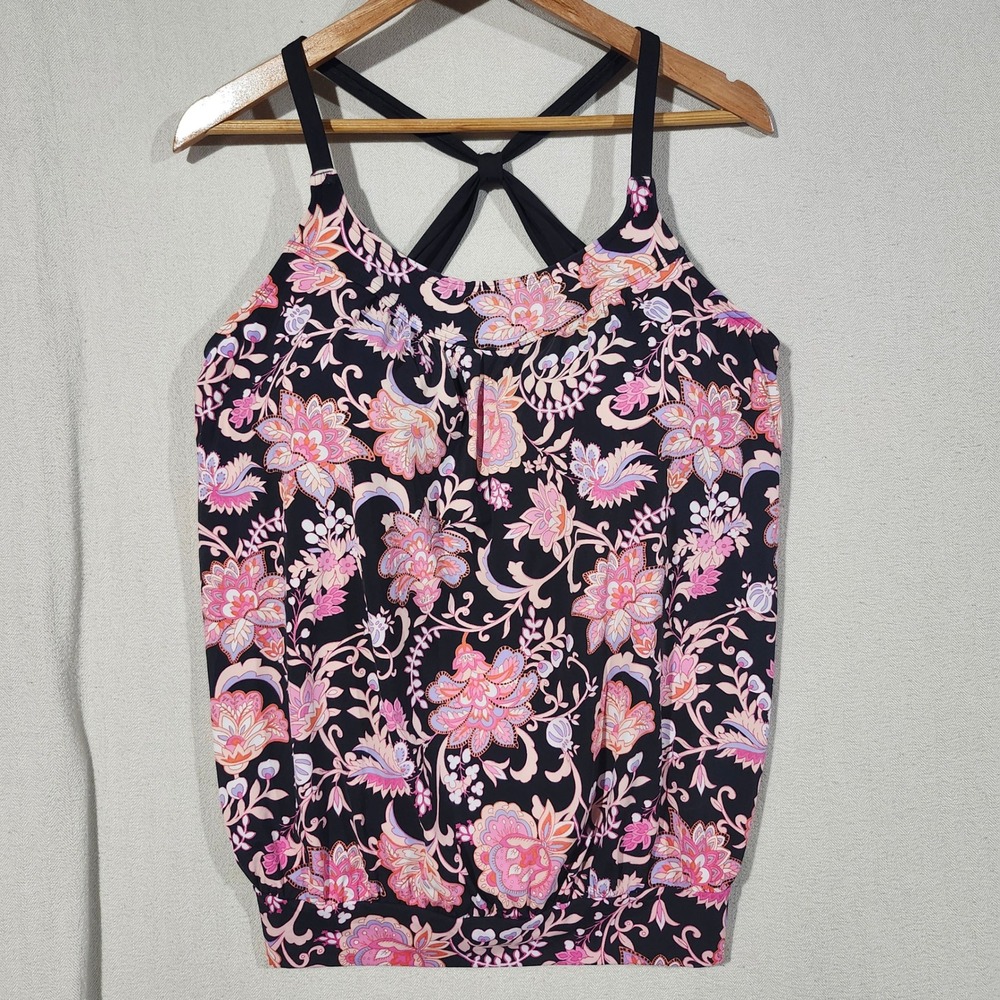Lands End Womens 14D Paisley Floral Blouson Tankini Swim Top Black Pink 453717